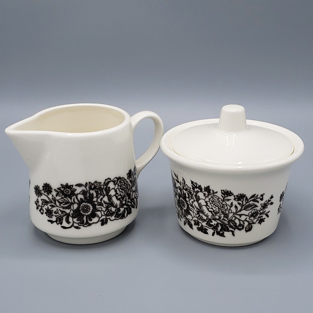 VTG Royal China Ironstone Creamer Covered Sugar Bowl Sussex Brown Flowers Retro